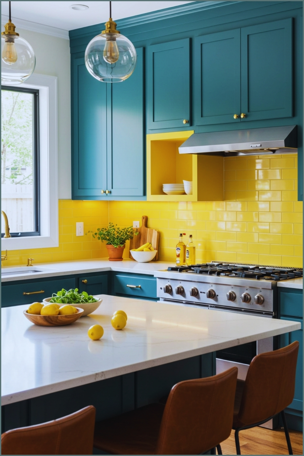 Color Blocked Kitchen With Deep Teal Cabinets