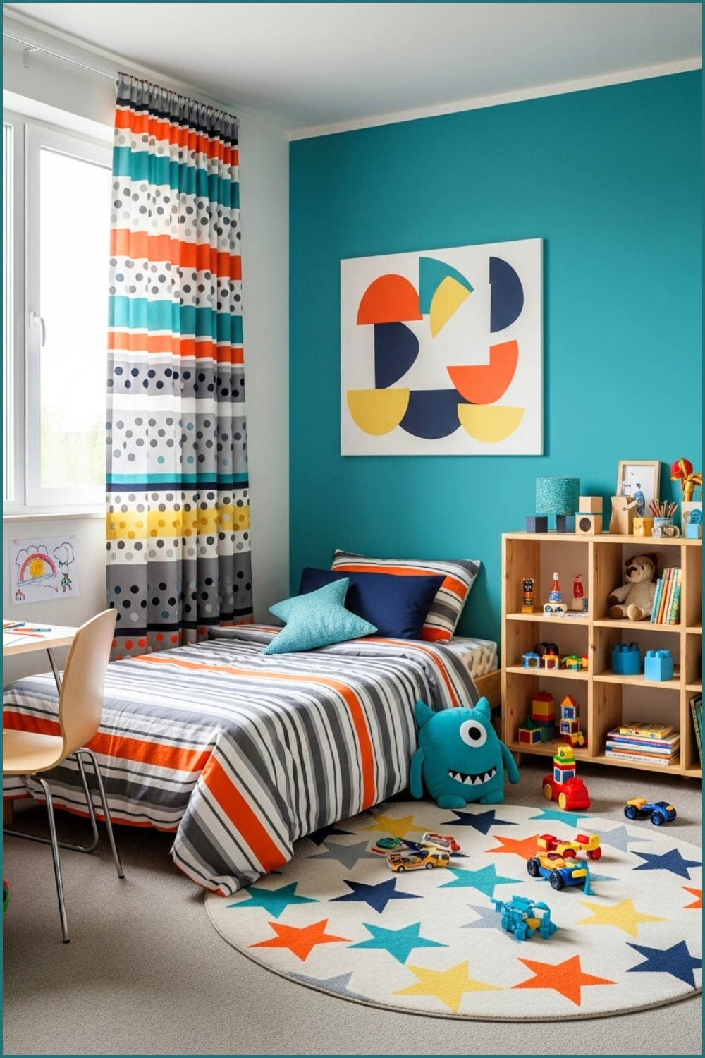 Colorful Boys Bedroom With Modern Geometric Wall Art, Teal Accent Wall
