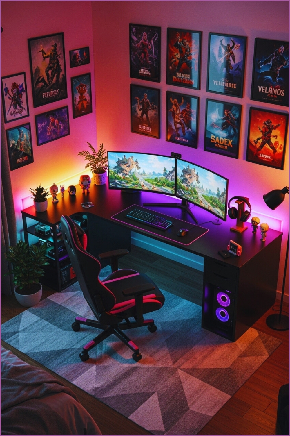 Colorful Gaming Bedroom Setup With Dual Monitors On A Black Desk