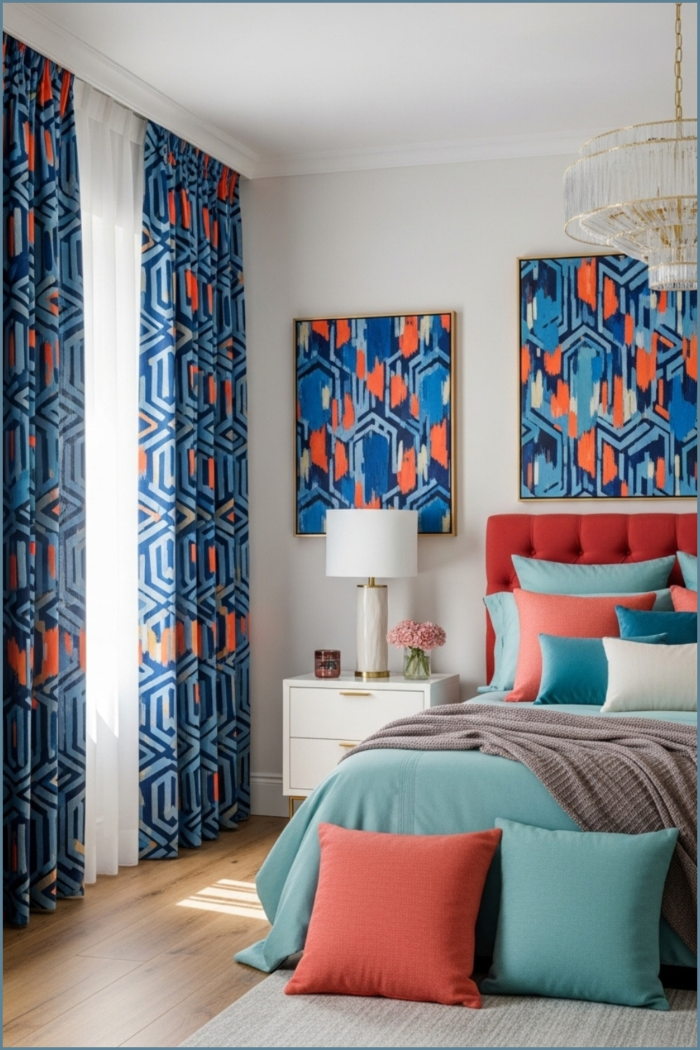 Colorful Modern Bedroom With Bold Patterned Curtains In Blue And Orange Tones