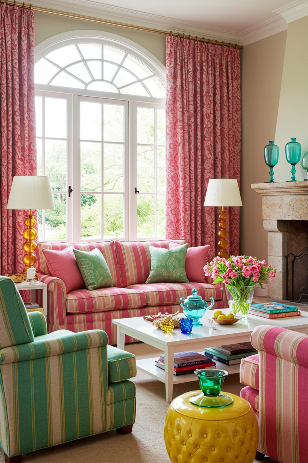Colorful Modern Living Room Striped Sofa Pink Chairs