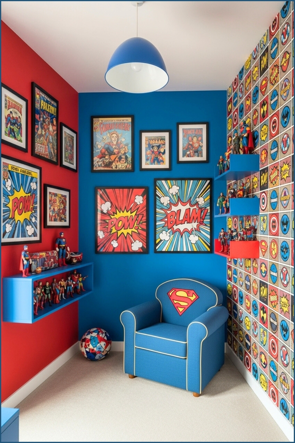 Colorful Superhero-themed Boys Bedroom With Bright Red And Blue Walls