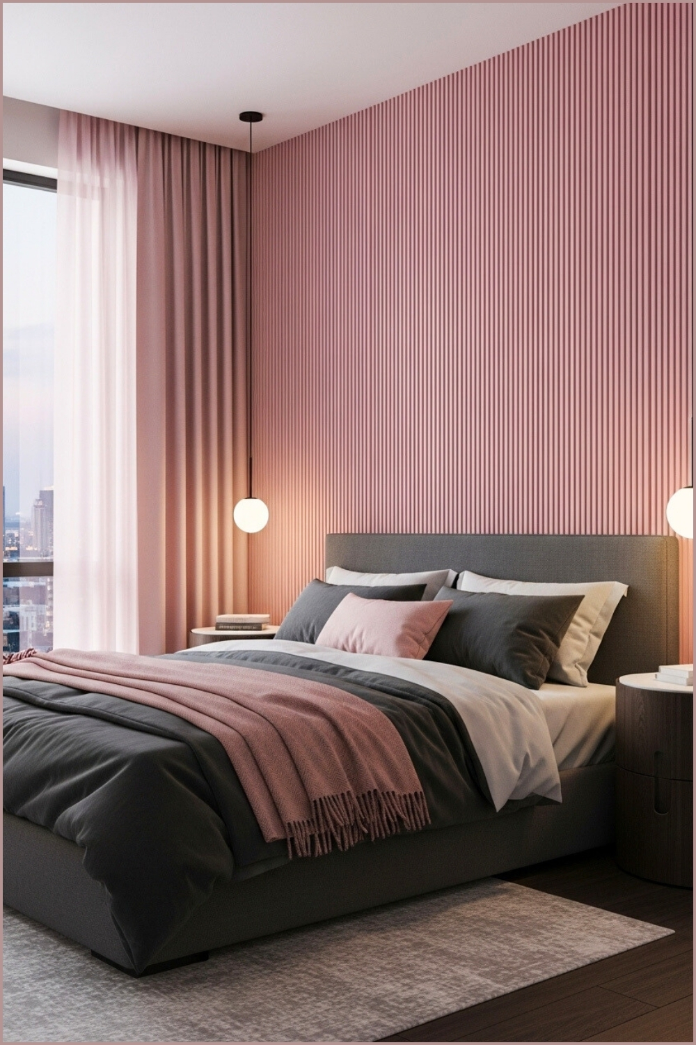 Contemporary Bedroom Design, Vertical Pink Panel Walls, Gray And Black Bedding