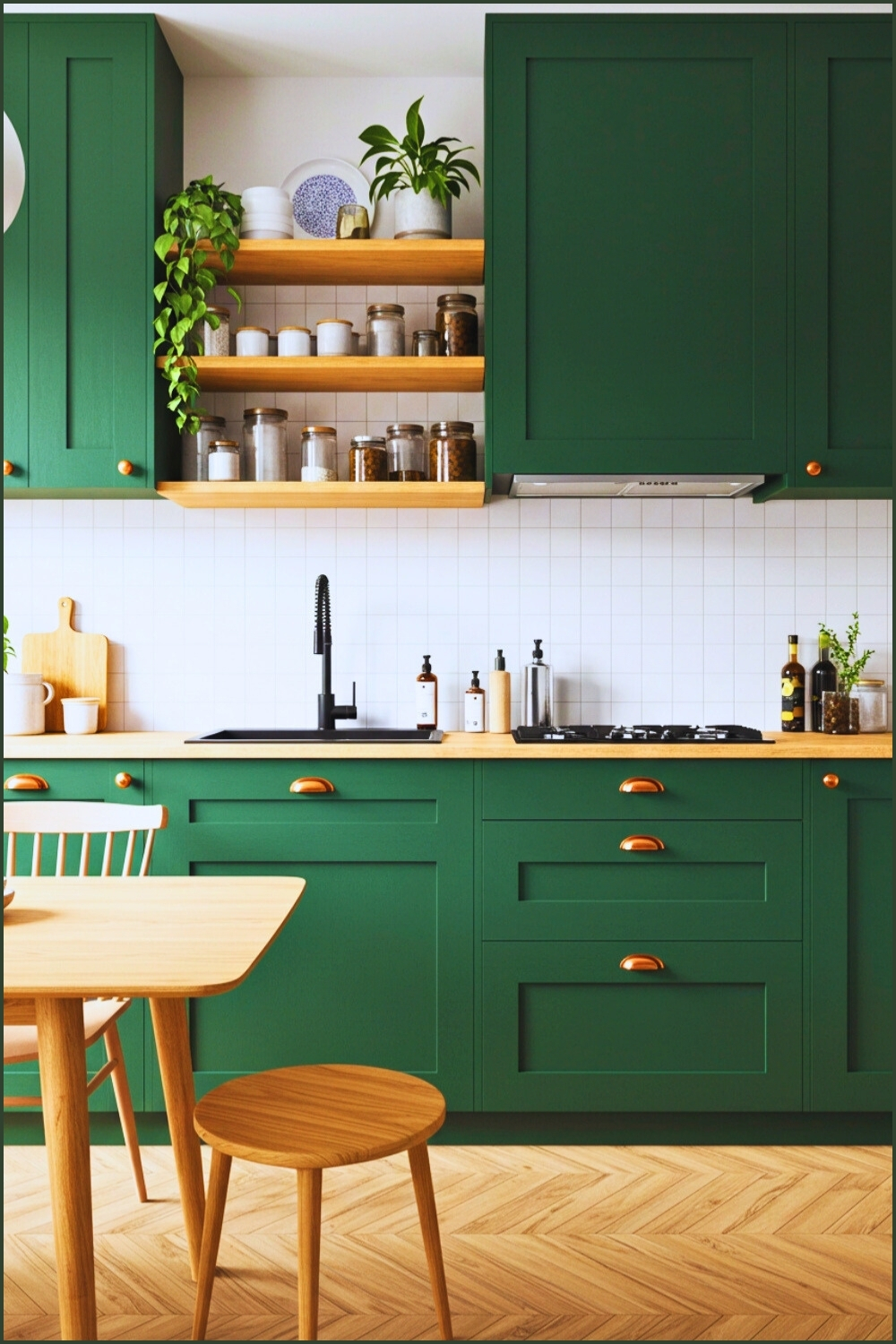 Contemporary Green Cabinets Natural Wood Accents