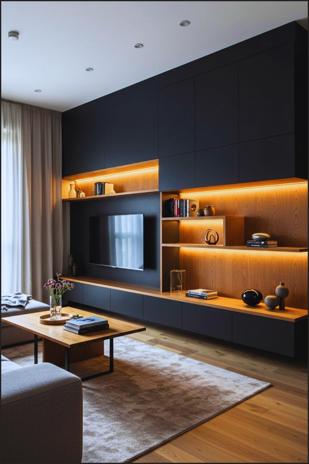 Contemporary Modern Living Room Black Wall And Wood Built In