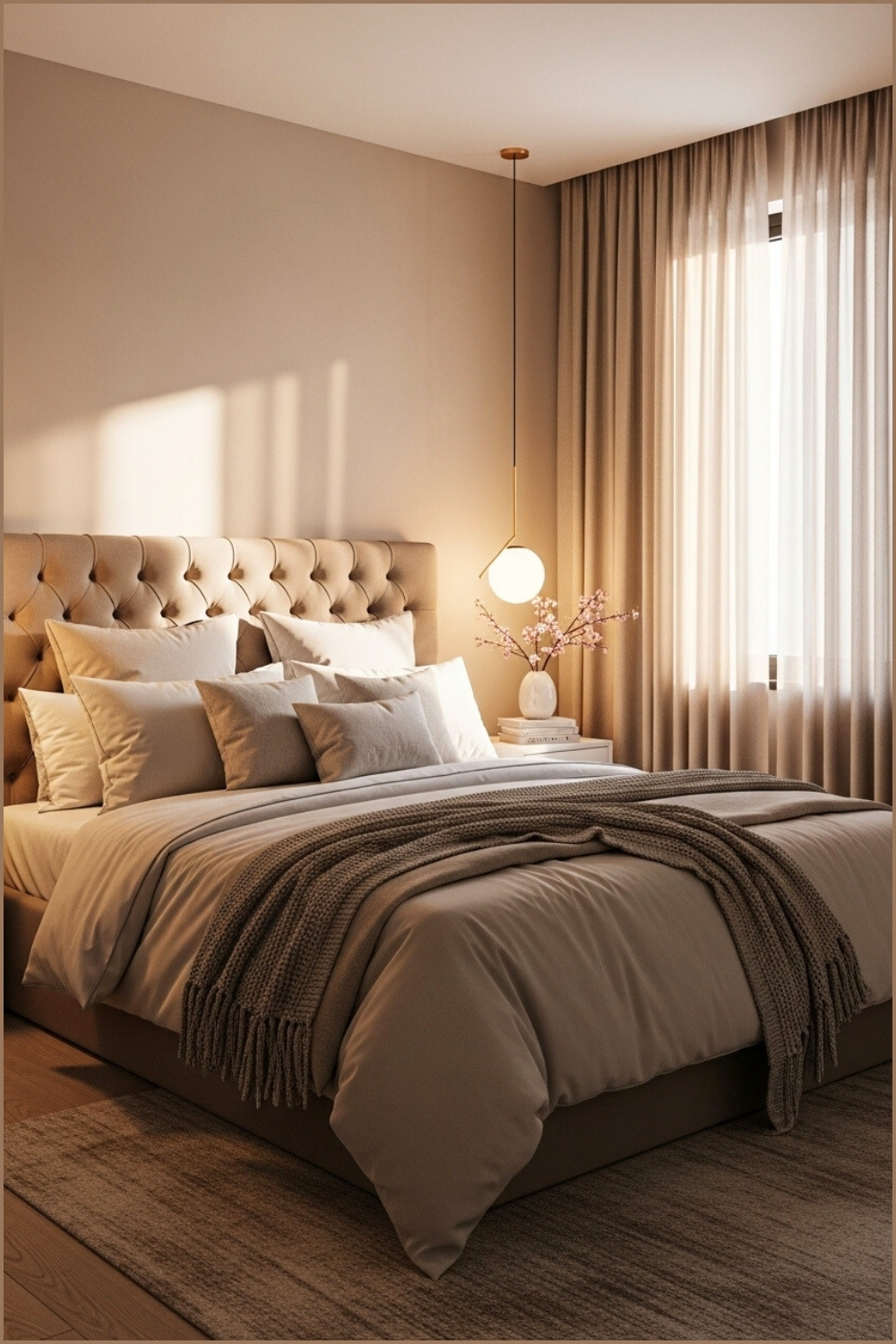 Contemporary Romantic Bedroom With Soft Beige Tones, Tufted Headboard