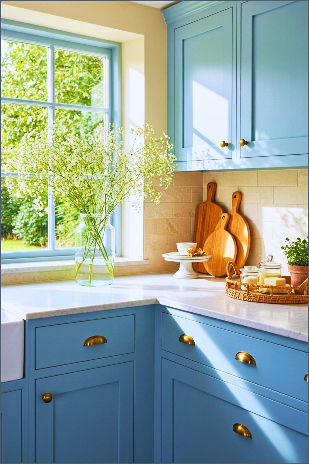 Cottage Kitchen Powder-blue Shaker Cabinets