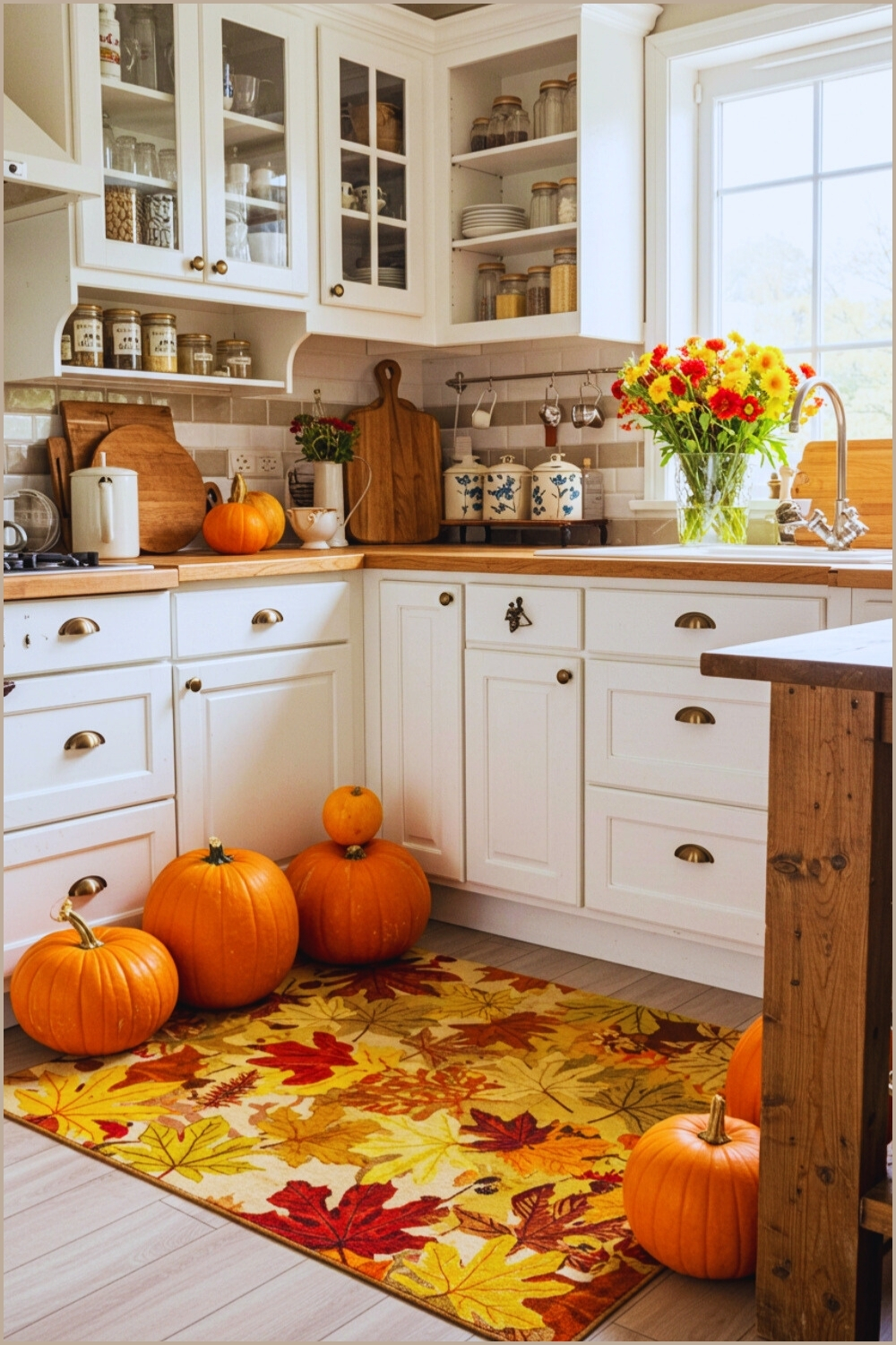 Cozy Autumn kitchen White Cabinets Wooden countertop