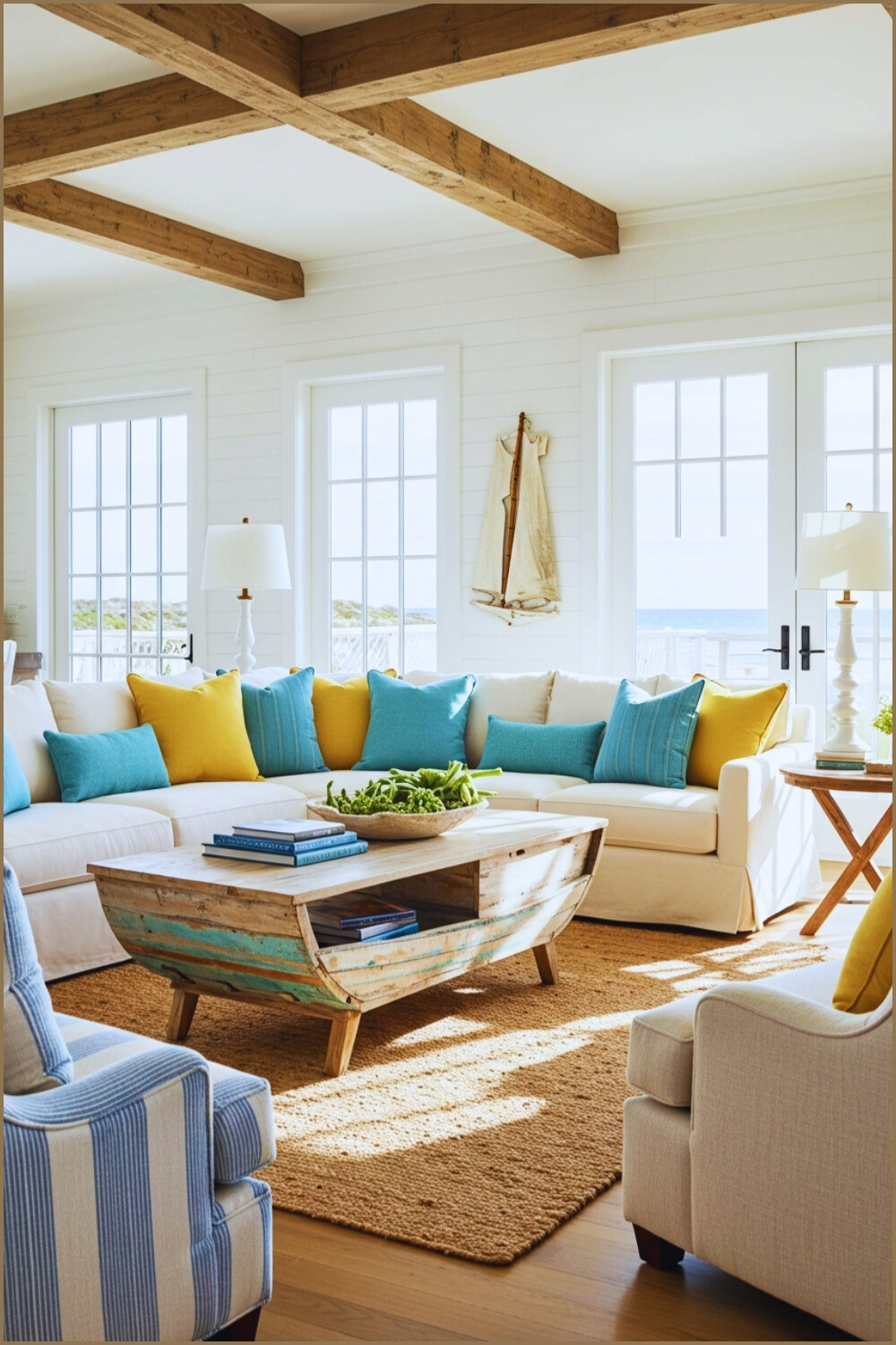 Cozy Beach House Living Room White Sofa And Stripes
