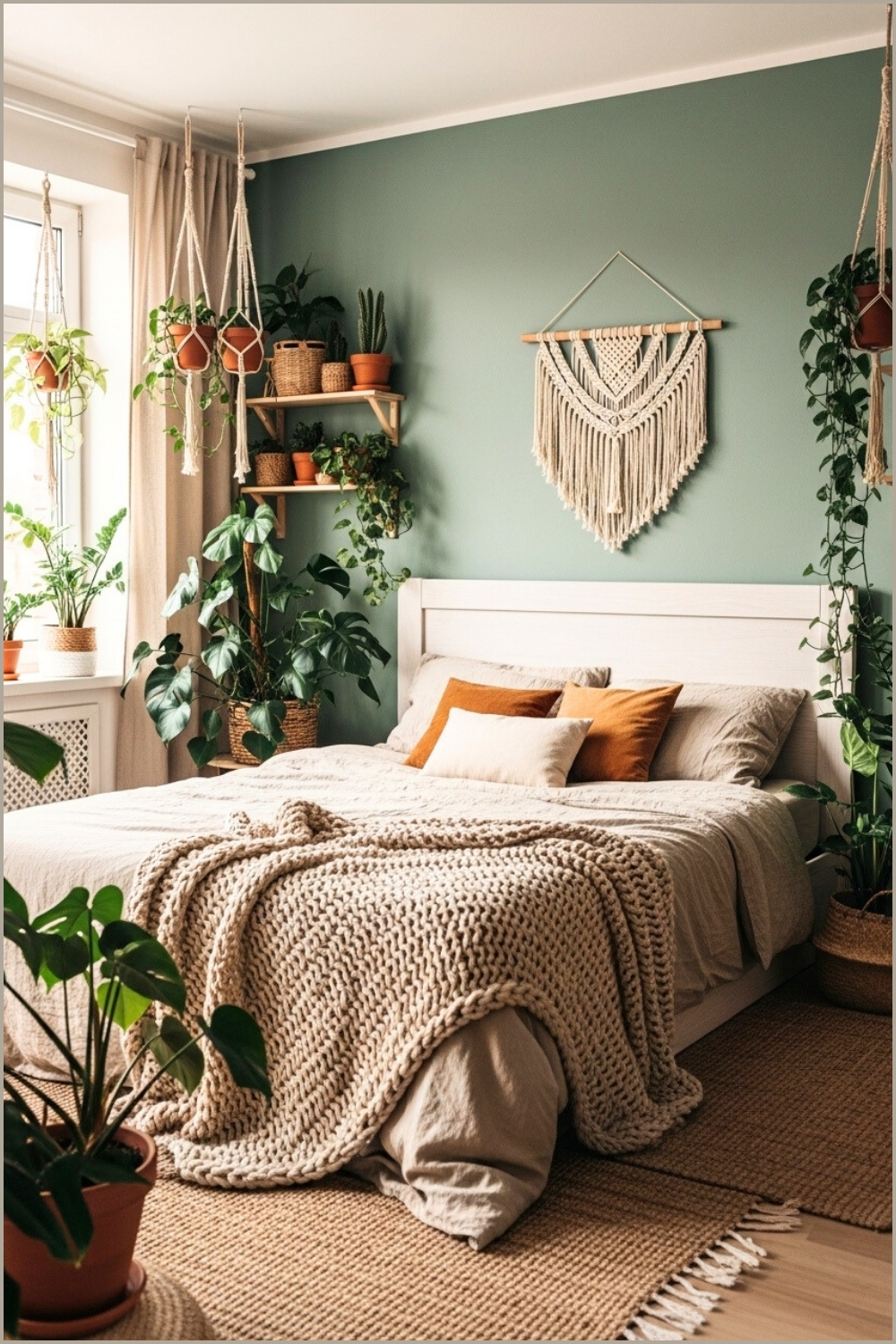 Cozy Bedroom Interior With Sage Green Wall, Wooden Headboard