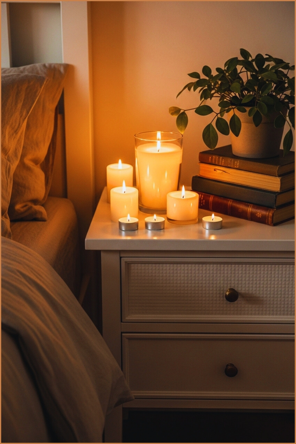 Cozy Bedroom Nightstand With Warm Candlelight White Wooden Bedside Table