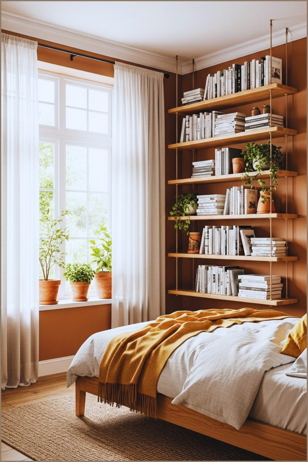 Cozy Bedroom With Wooden Floating Bookshelves Filled With Books