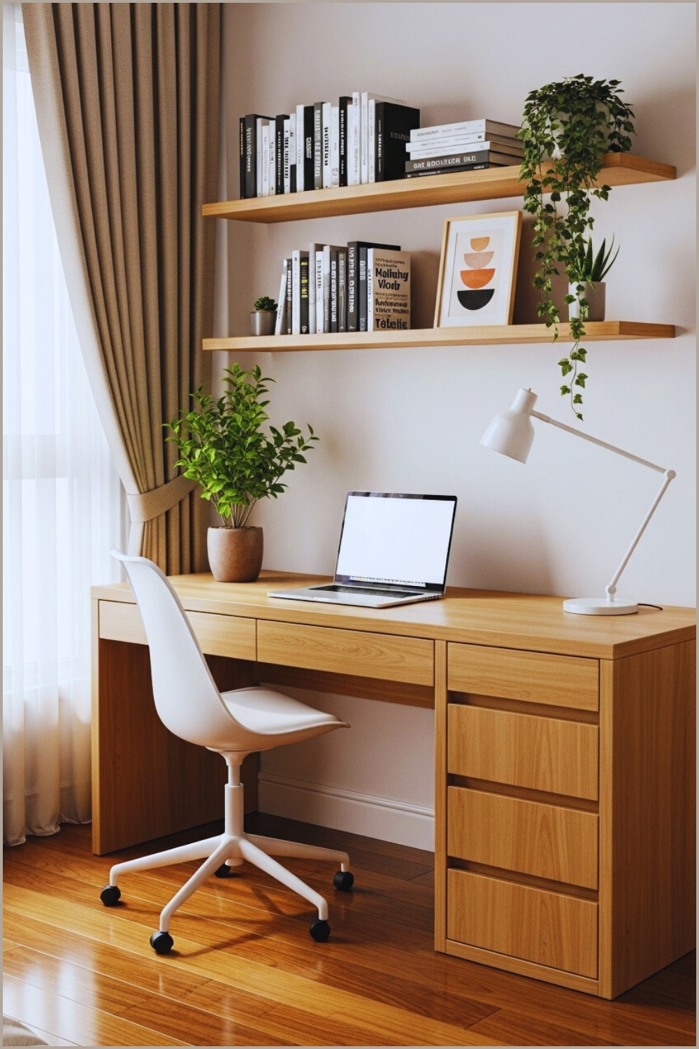 Cozy Bedroom Workspace With Wooden Desk And Drawers