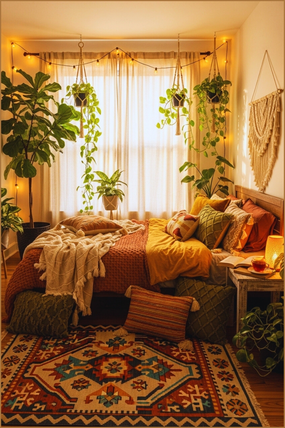 Cozy Bohemian Bedroom Interior With Warm String Lights Large Window