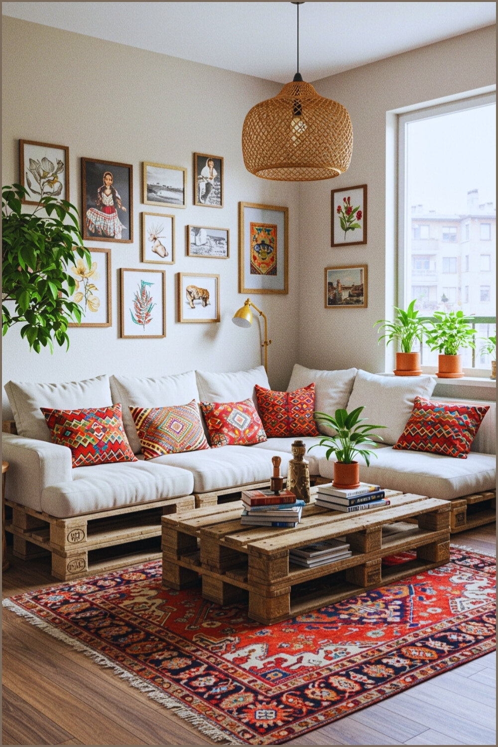 Cozy Bohemian Living Room White Sectional Sofa And Tribal Pillows