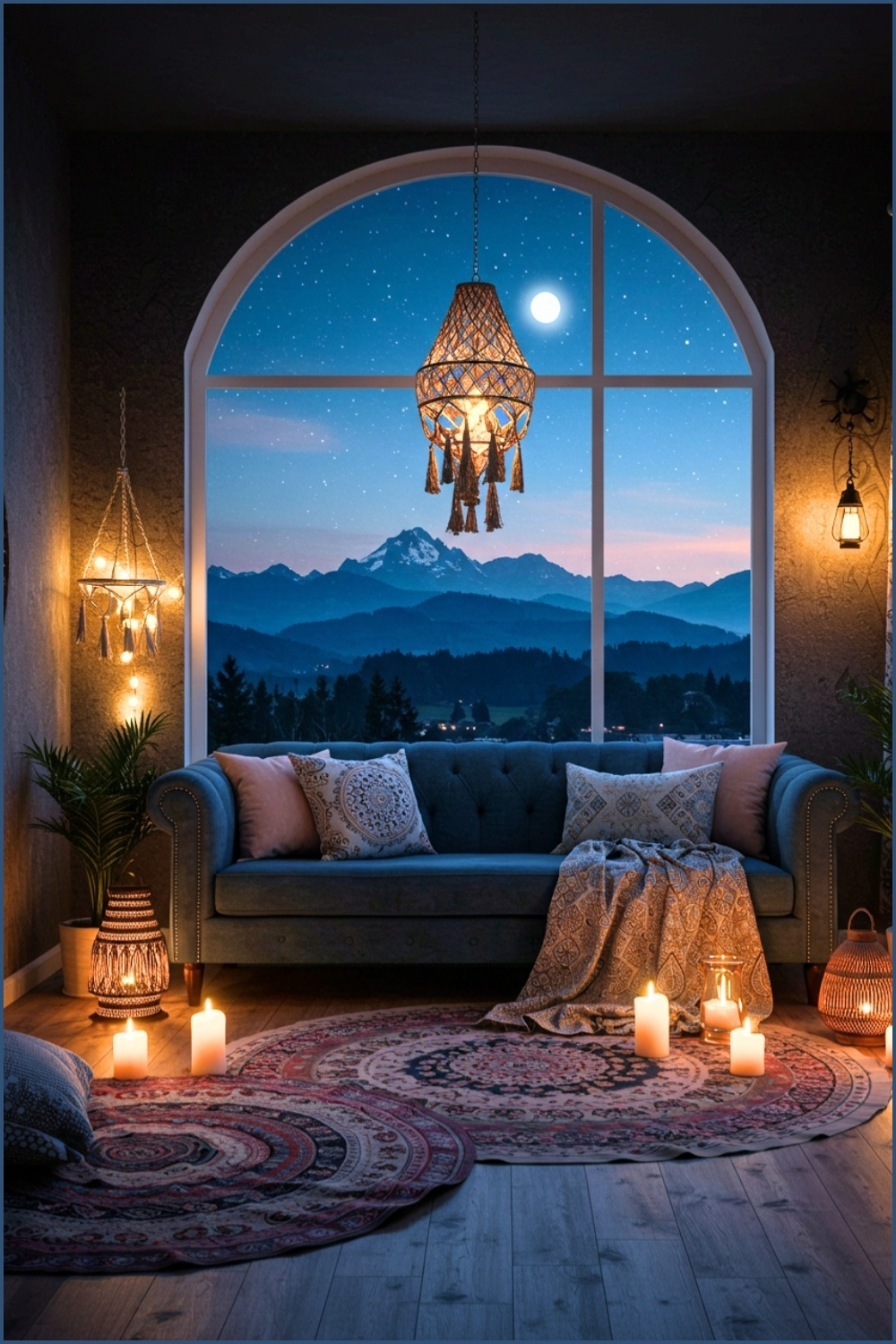 Cozy Boho Living Room At Night Arched Window