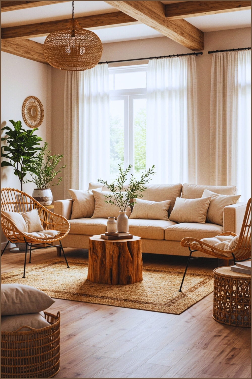 Cozy Boho Living Room Beige Sofa And Rattan Chair