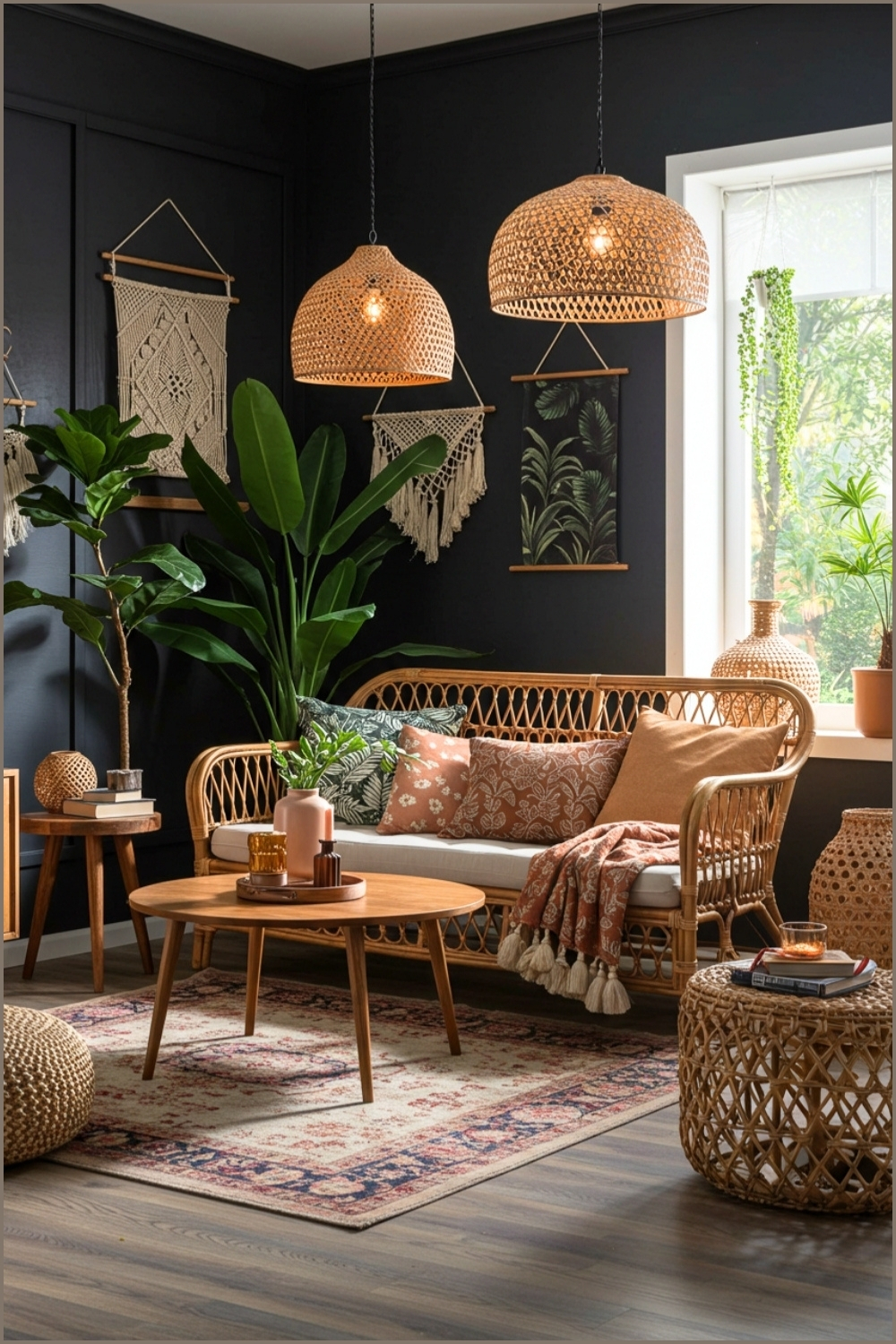 Cozy Boho Living Room Dark Accent Wall