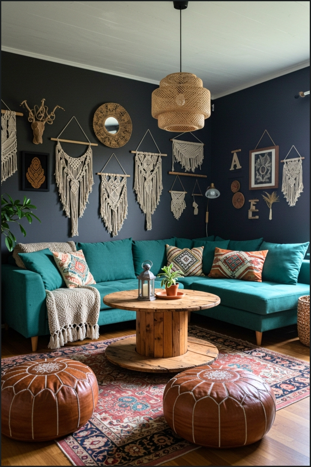 Cozy Boho Living Room Dark Walls Wall Hangings