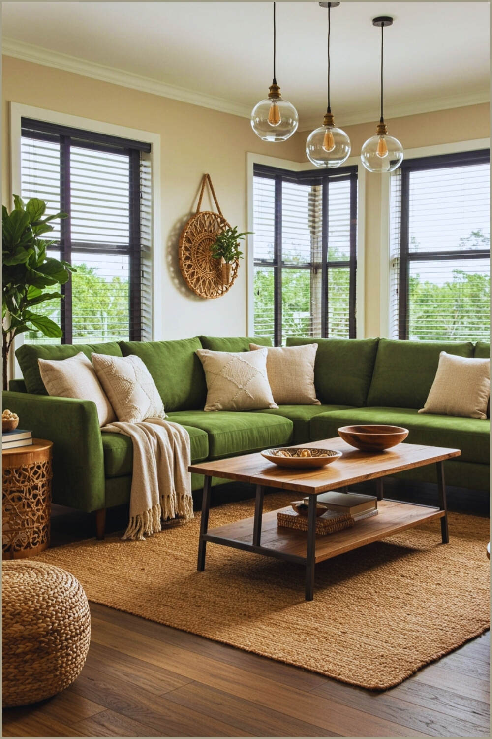 Cozy Boho Living Room Green Sectional Pillows