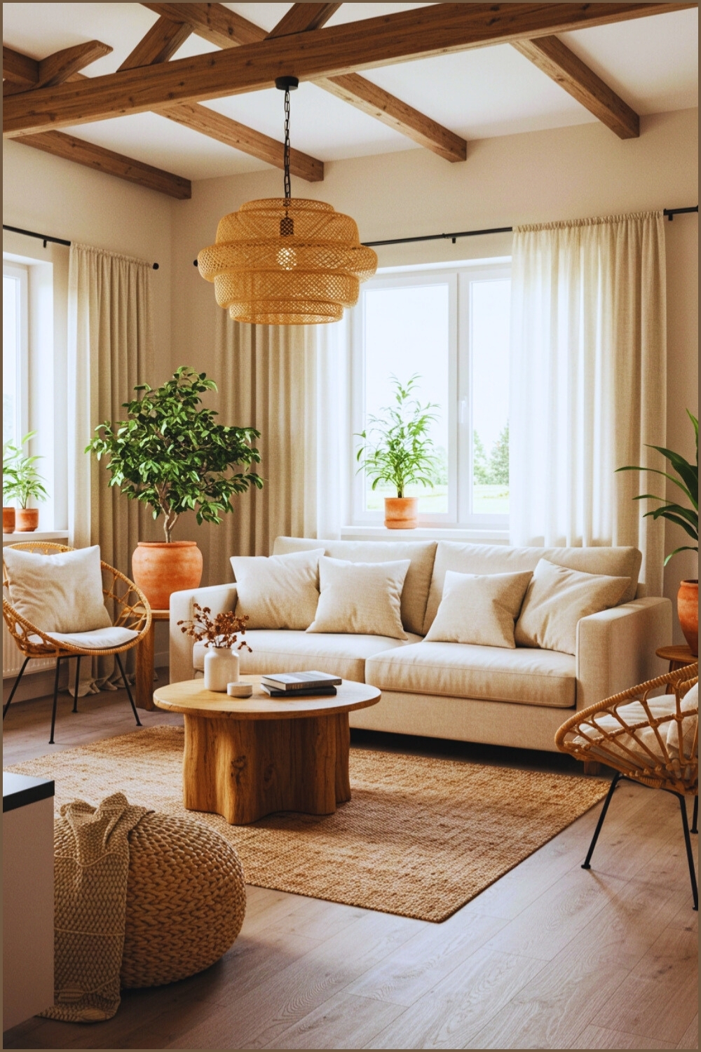Cozy Boho Living Room Neutral Beige Sofa And Rattan Chair