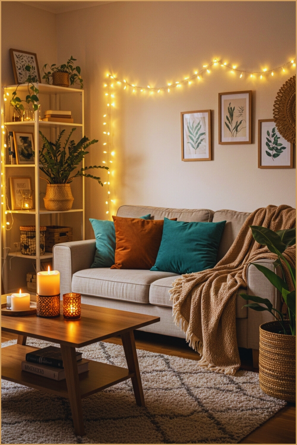 Cozy Boho Living Room String Lights On The Wall