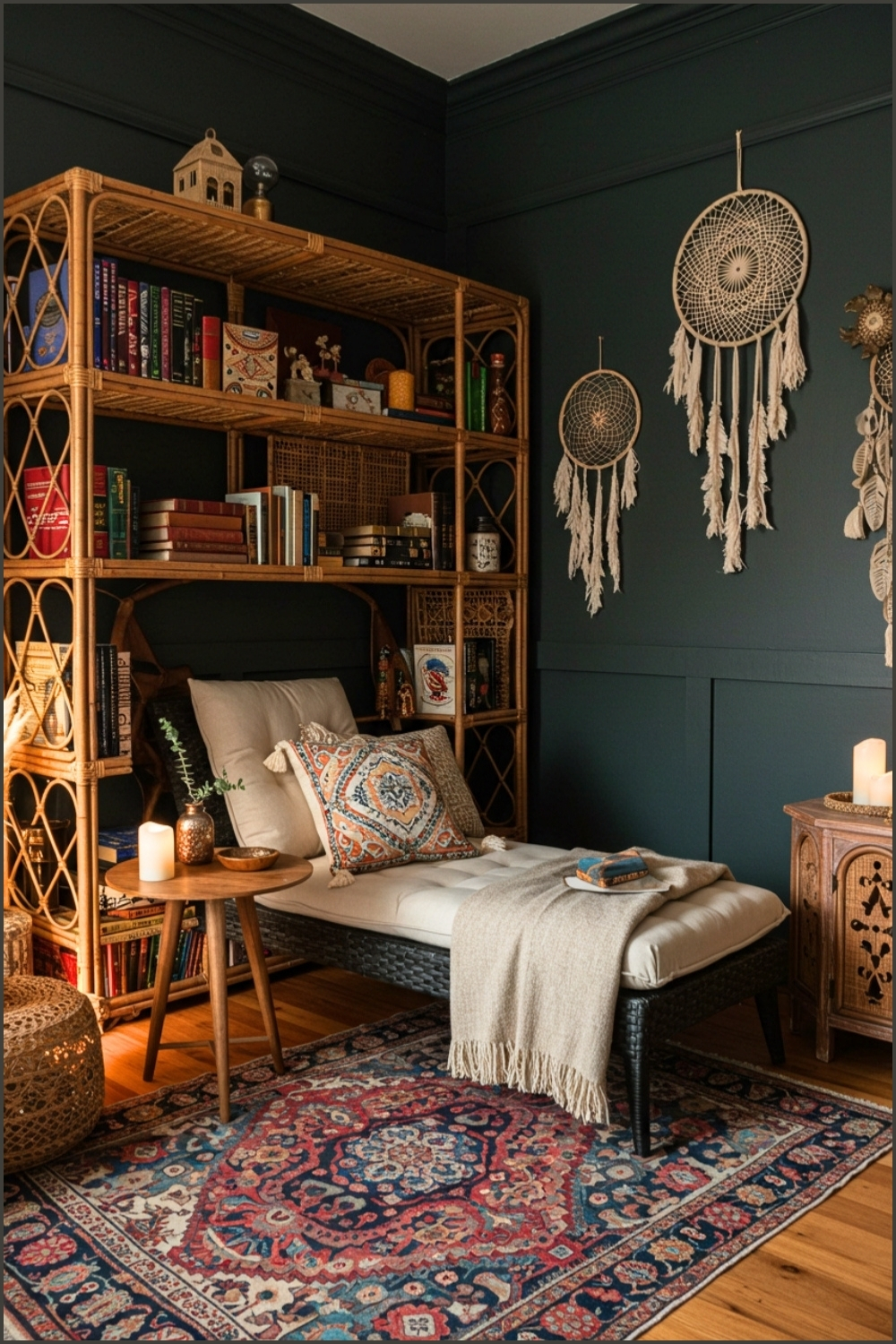 Cozy Boho Nook Dark Walls Rattan