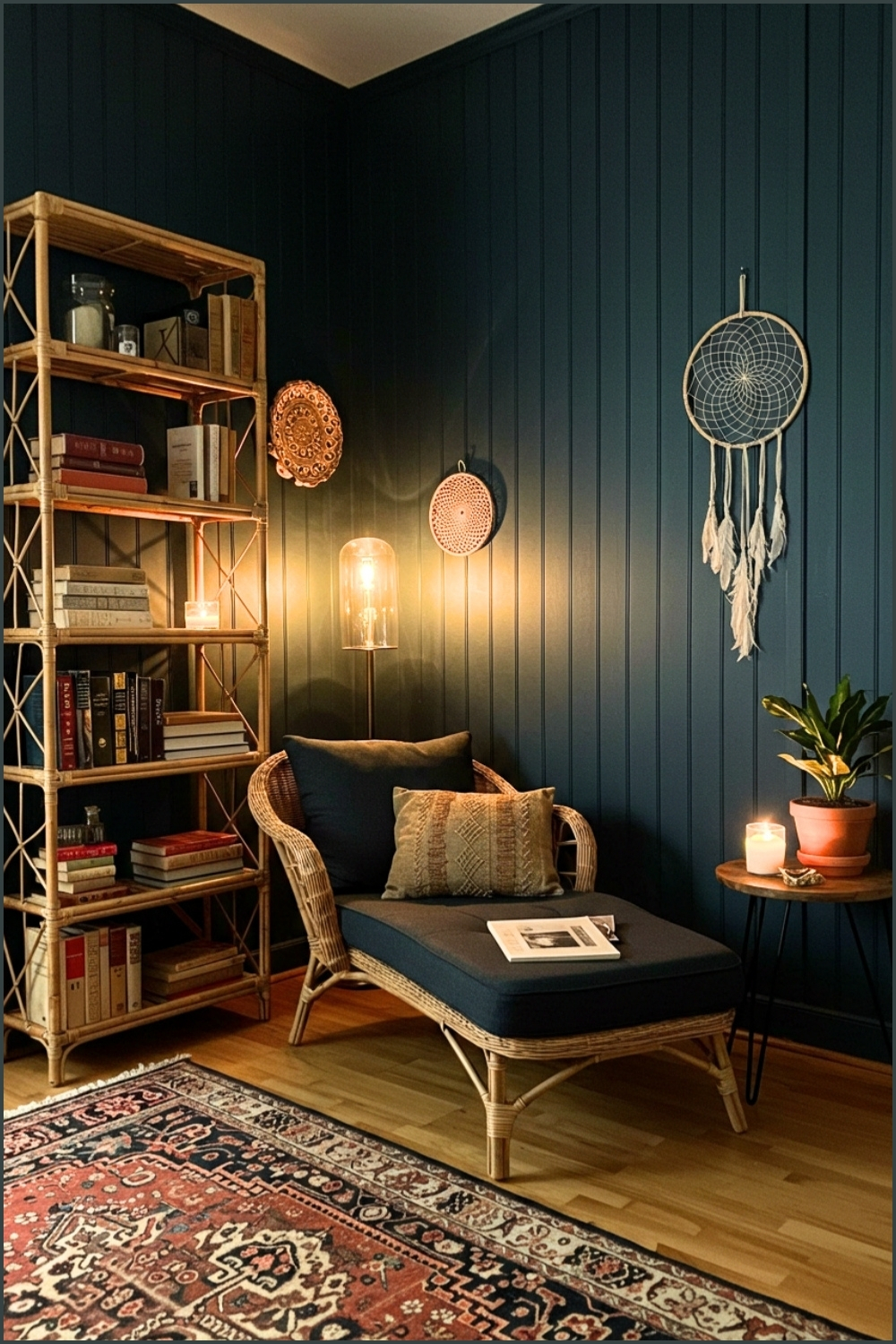 Cozy Boho Nook Navy Paneled Walls