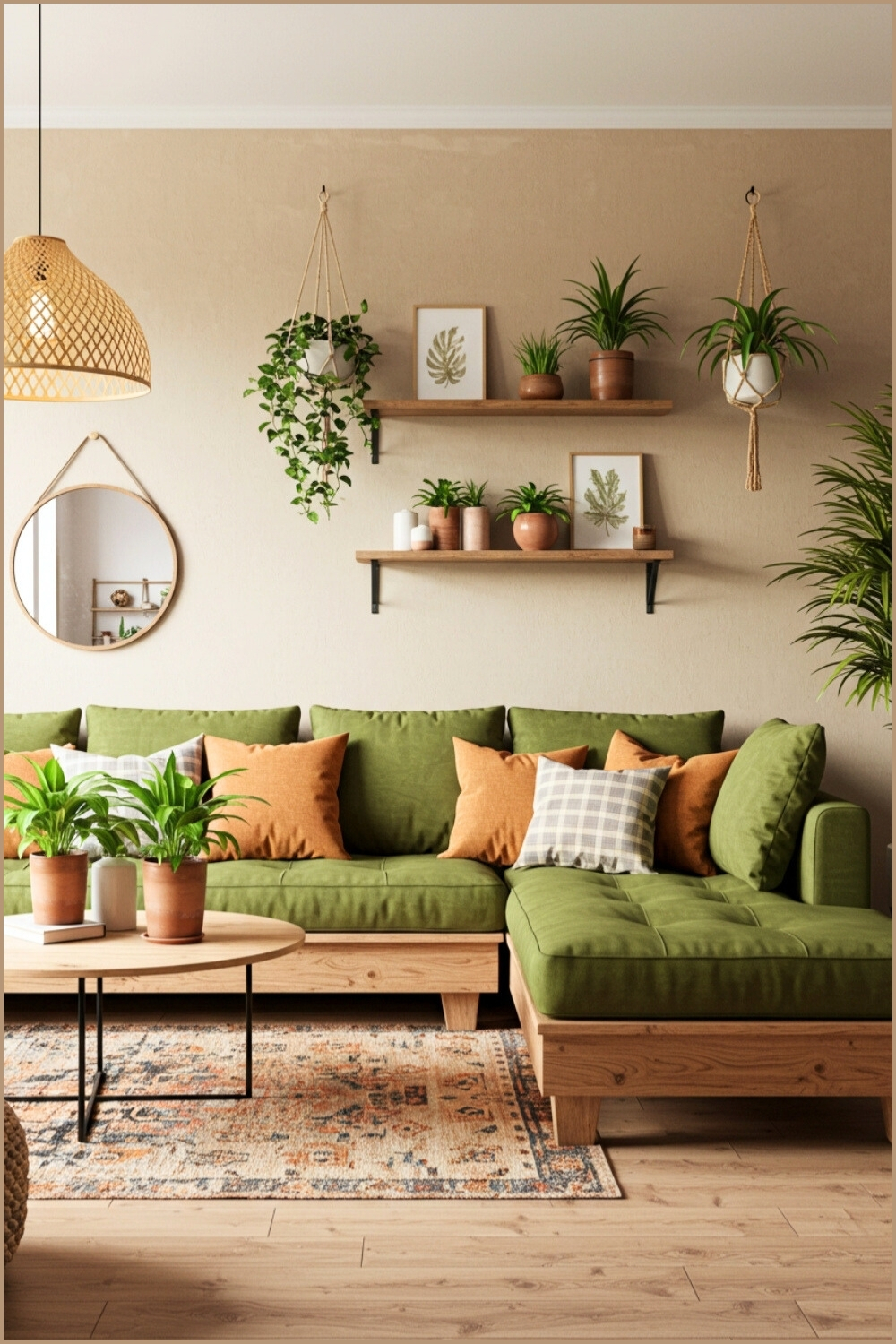 Cozy Boho Rustic Living Room Olive Sectional