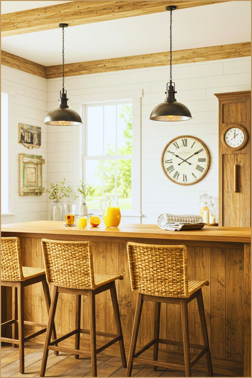 Cozy Breakfast Bar Wooden Countertop Wicker Stools