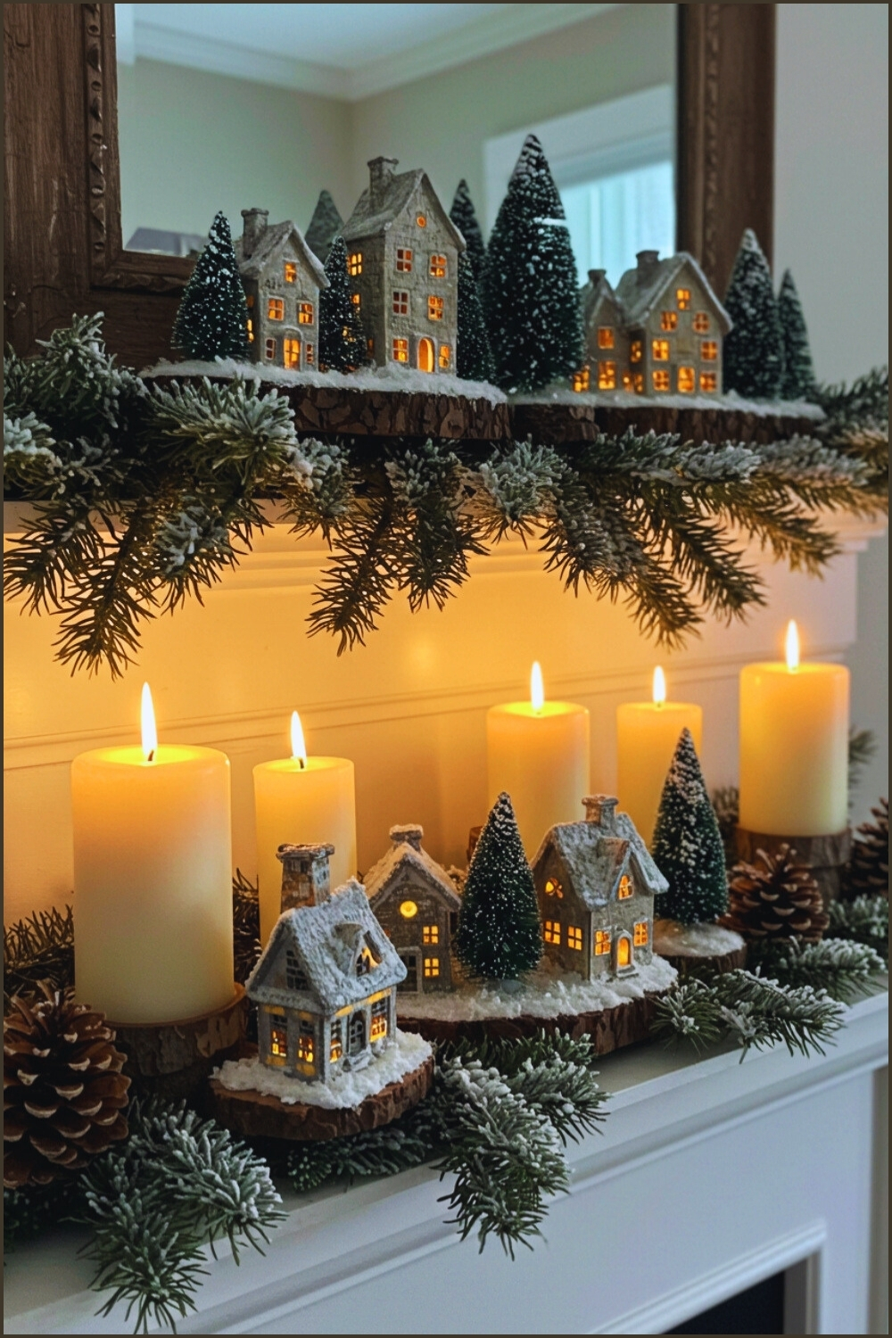 Cozy Christmas Mantel Display With Glowing Candles And Snow