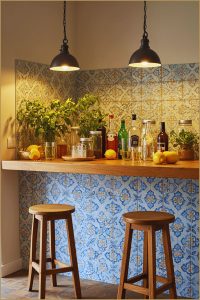 Cozy Corner Rustic Bar Yellow Tiled Backsplash