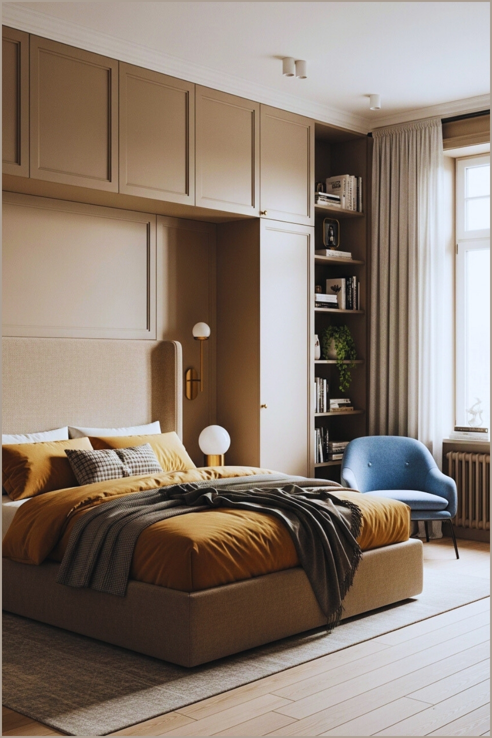 Cozy Elegant Bedroom Interior With Built In Wall Panels Taupe Walls