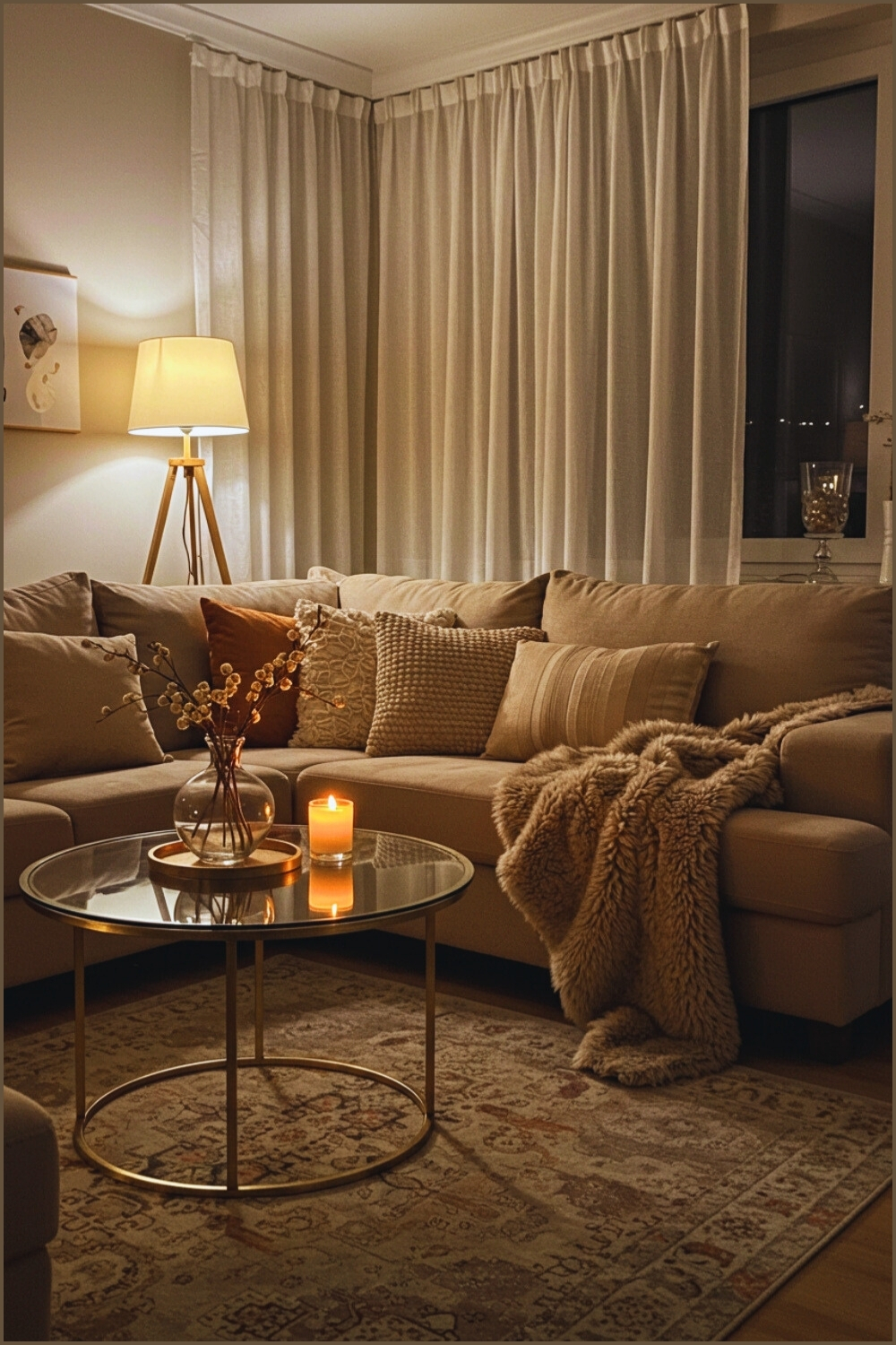 Cozy Evening Living Room Beige Sectional And Plush Pillows