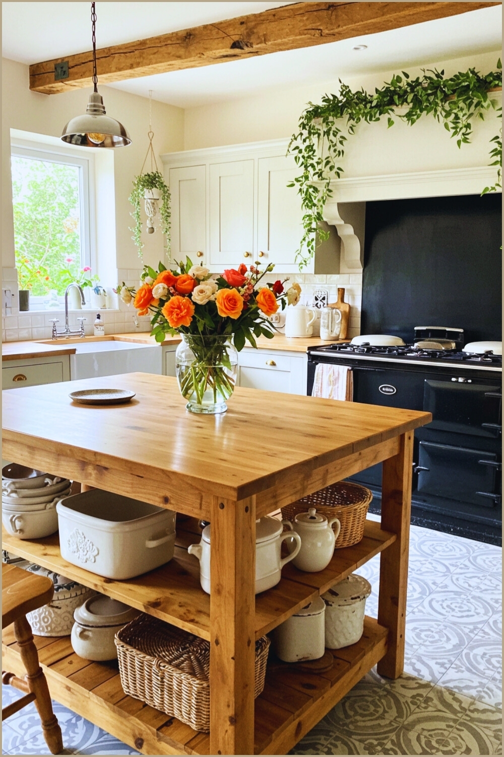 Cozy Farmhouse Kitchen Wooden Island And Open Shelves