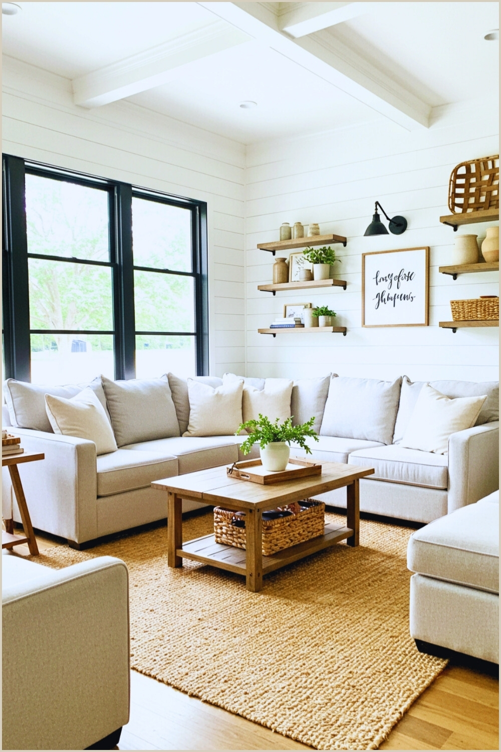 Cozy Farmhouse Living Room White Shiplap And Black Windows