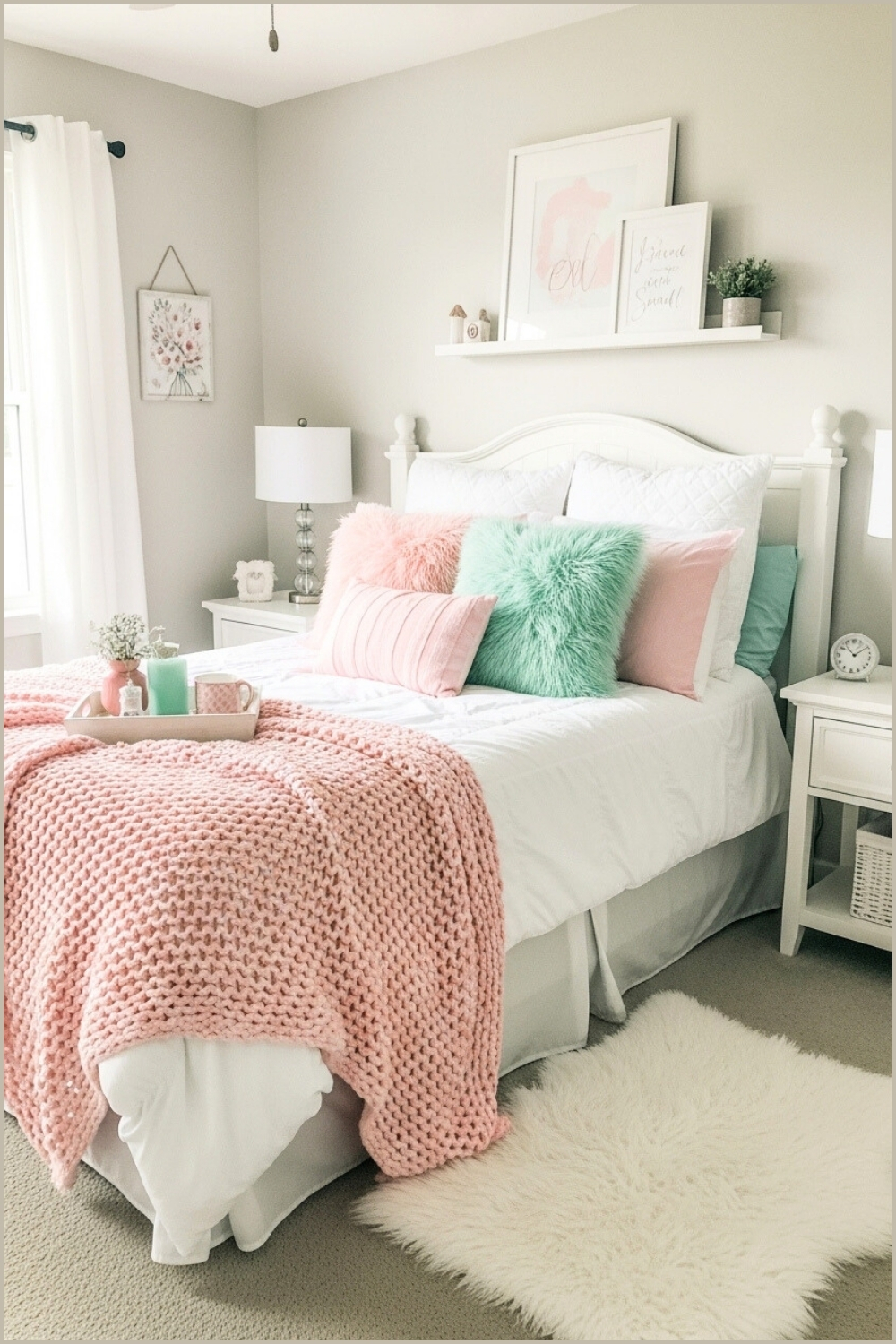 Cozy Girly Bedroom, Pastel Pink And Mint Bedding, Fluffy Blankets
