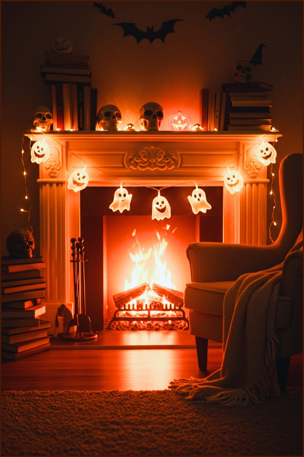 Cozy Halloween Living Room Glowing Fireplace Mantel