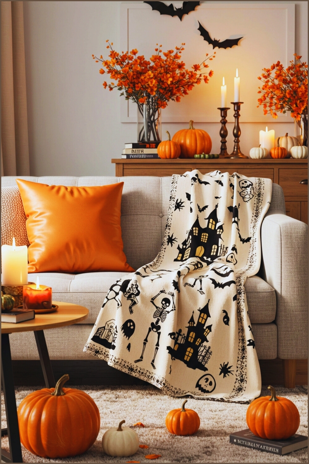 Cozy Halloween Living Room Scene Neutral Sofa