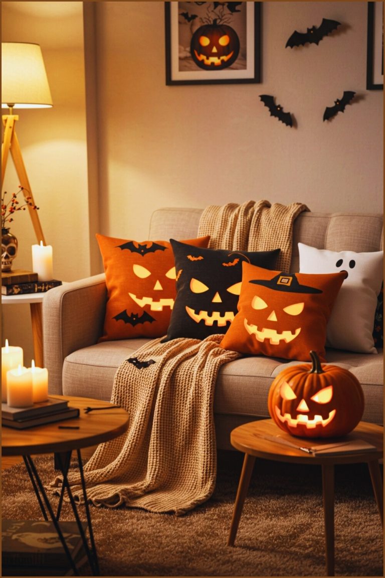Cozy Halloween Living Room With Neutral Sofa Festive Decor
