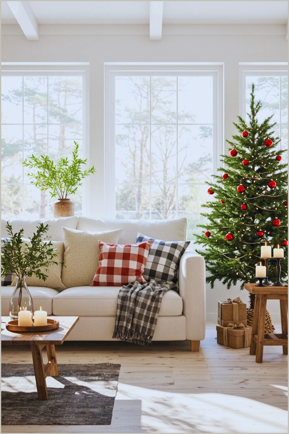 Cozy Holiday Living Room With White Sofa And Bright Windows