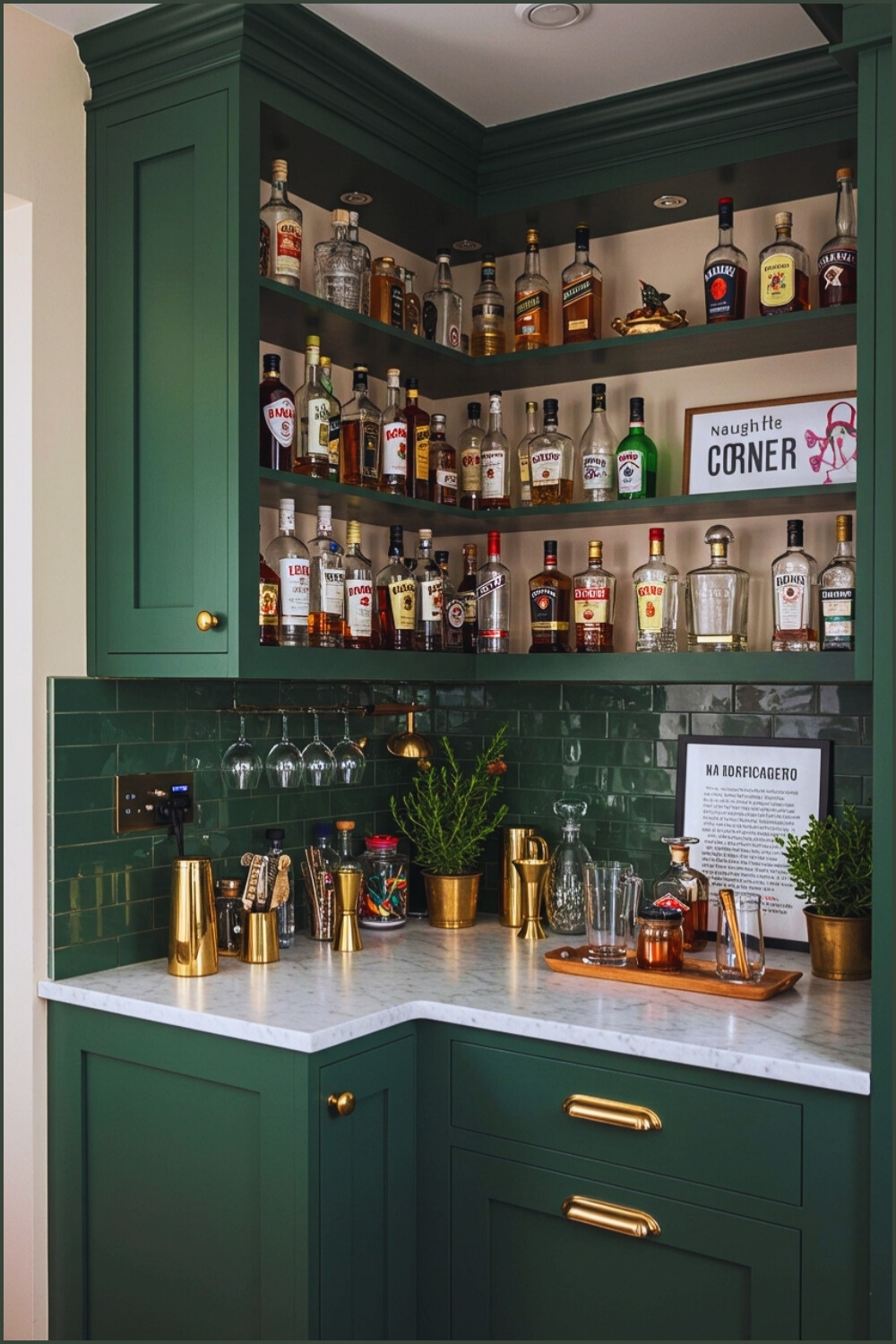 Cozy Home Bar Dark Green Cabinets And Marble Top