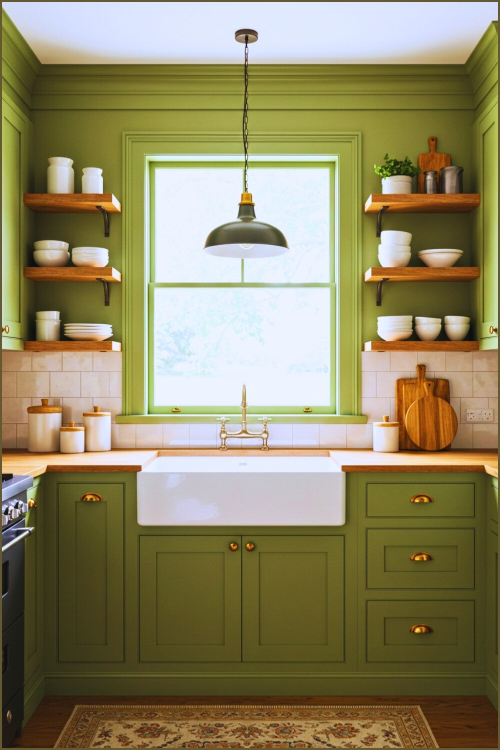 Cozy Kitchen Olive Green Cabinets Farmhouse Sink
