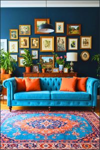 Cozy Living Room Blue Velvet Sofa Orange Pillows