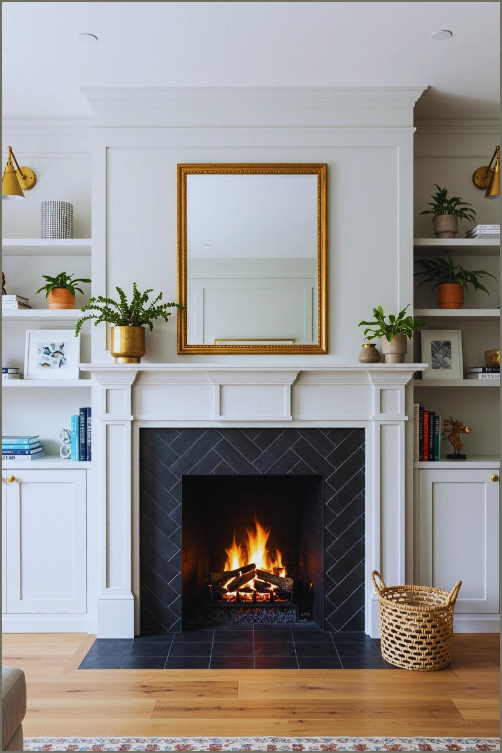 Cozy Living Room Charming White-framed Fireplace