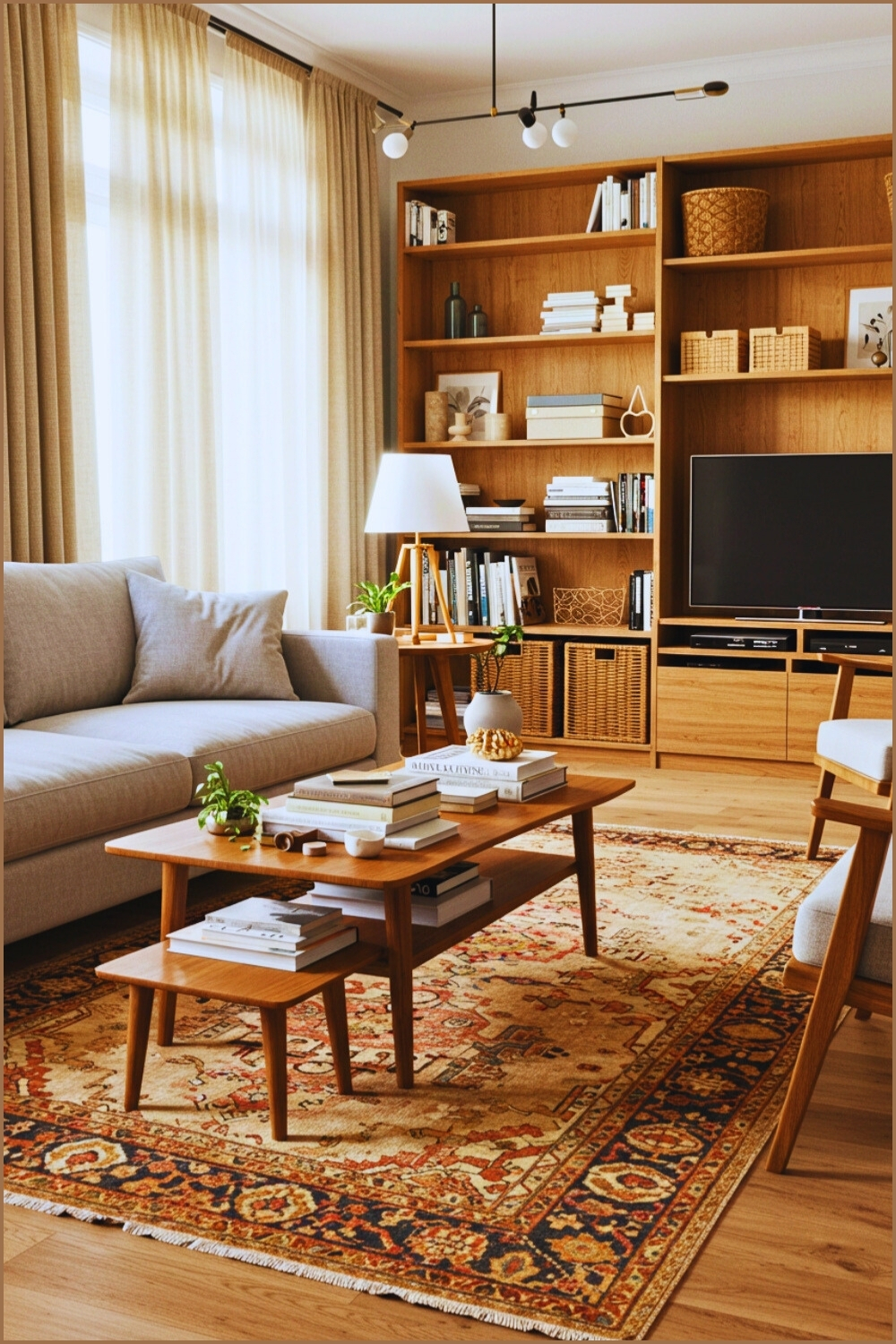 Cozy Living Room Gray Sofa And Wooden Tables