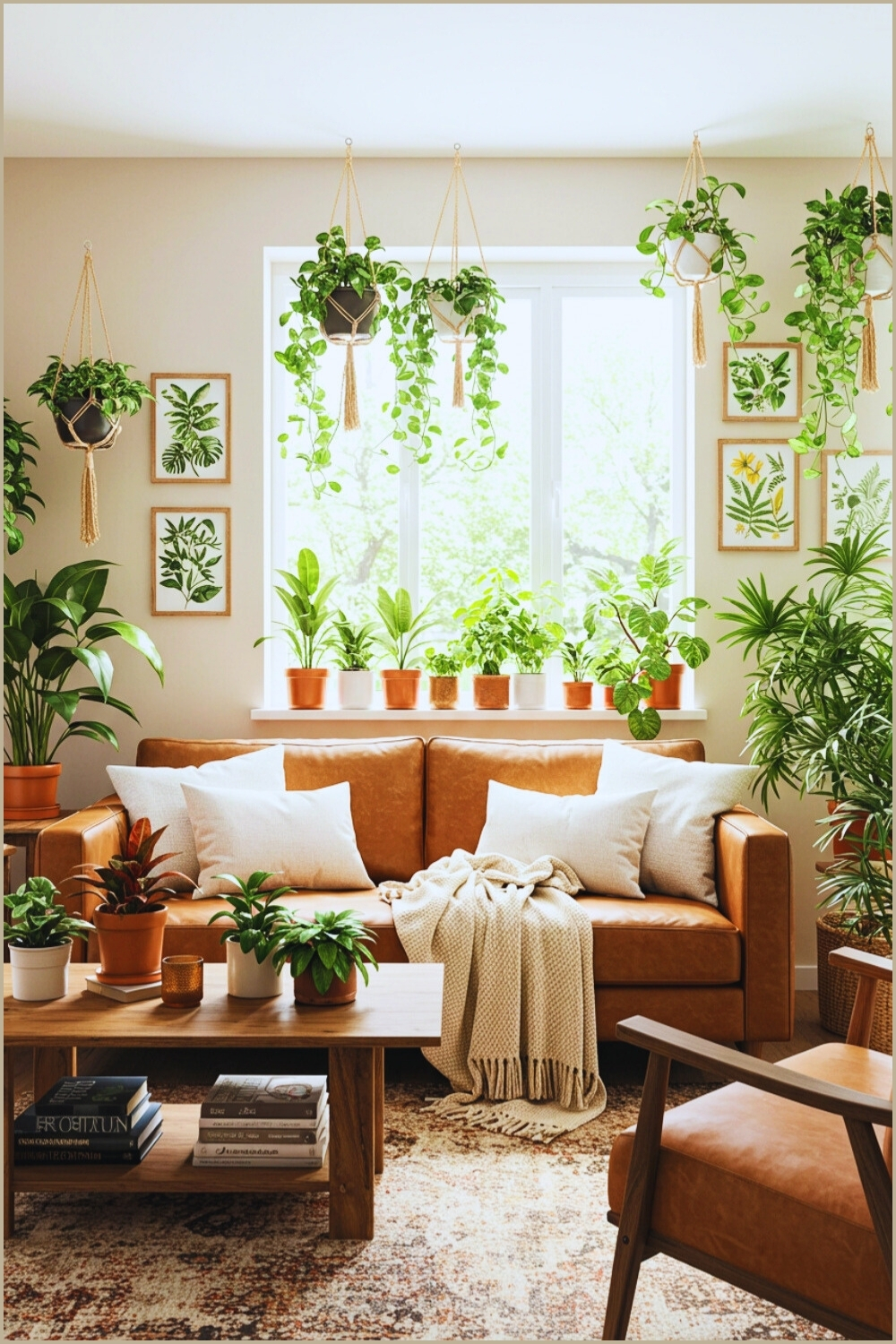 Cozy Living Room Indoor Plants And Brown Leather Sofa