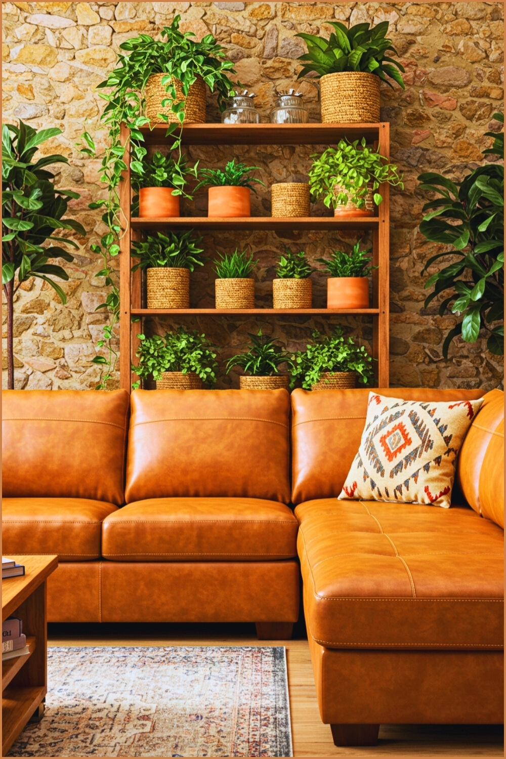 Cozy Living Room Leather Sectional Sofa And Pillow