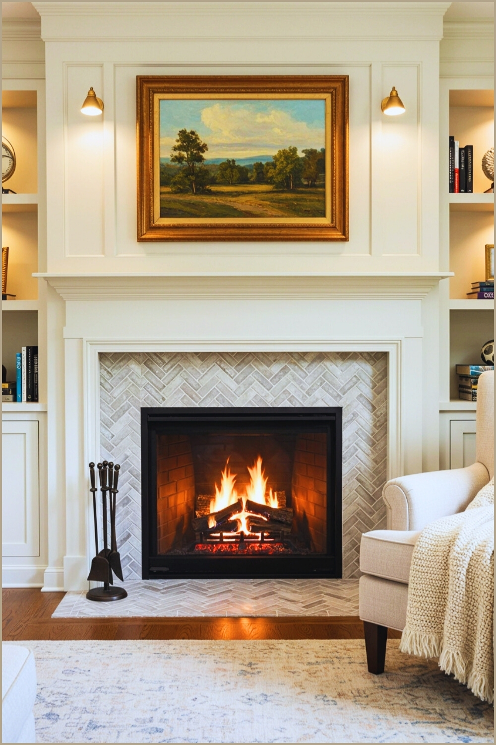 Cozy Living Room Traditional White-framed Fireplace