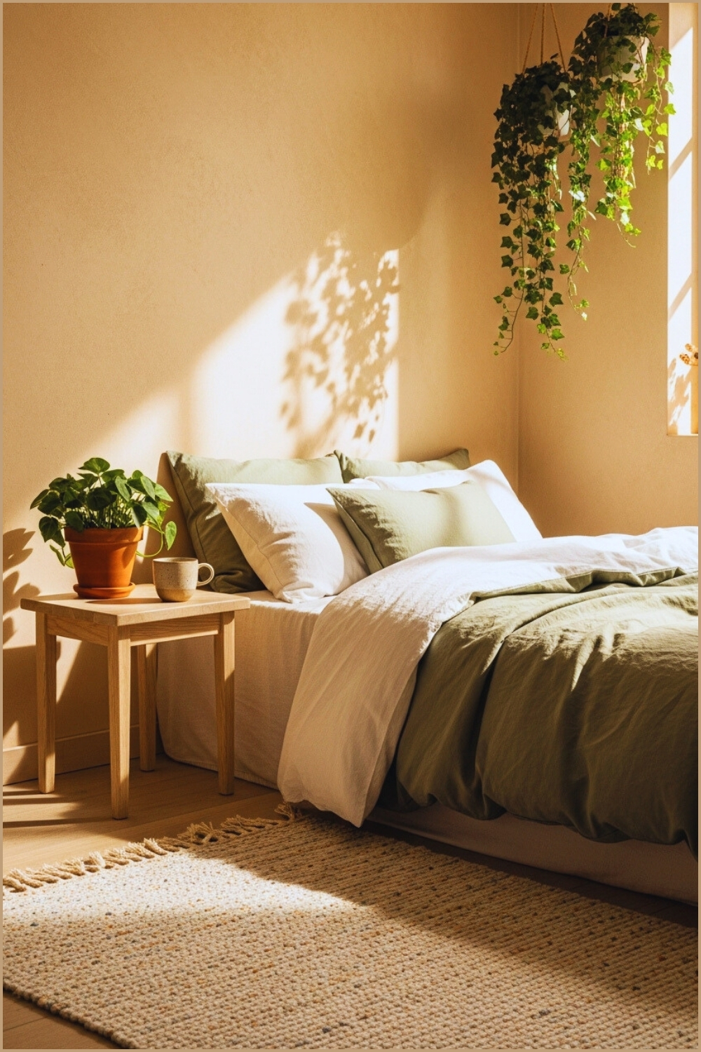 Cozy Minimalist Bedroom Interior With Beige Walls Soft Bedding